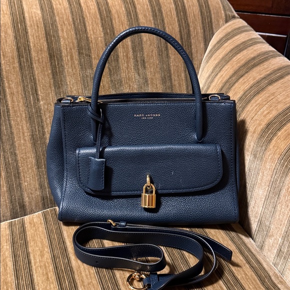 Marc Jacobs Dark Blue Leather Satchel Handbag with Gold Hardware - Picture 1 of 15